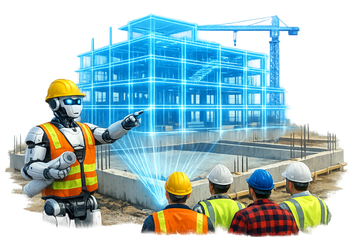 A robot foreman in a hard hat and safety vest pointing at a holographic wireframe of a building under construction, briefing human crew members