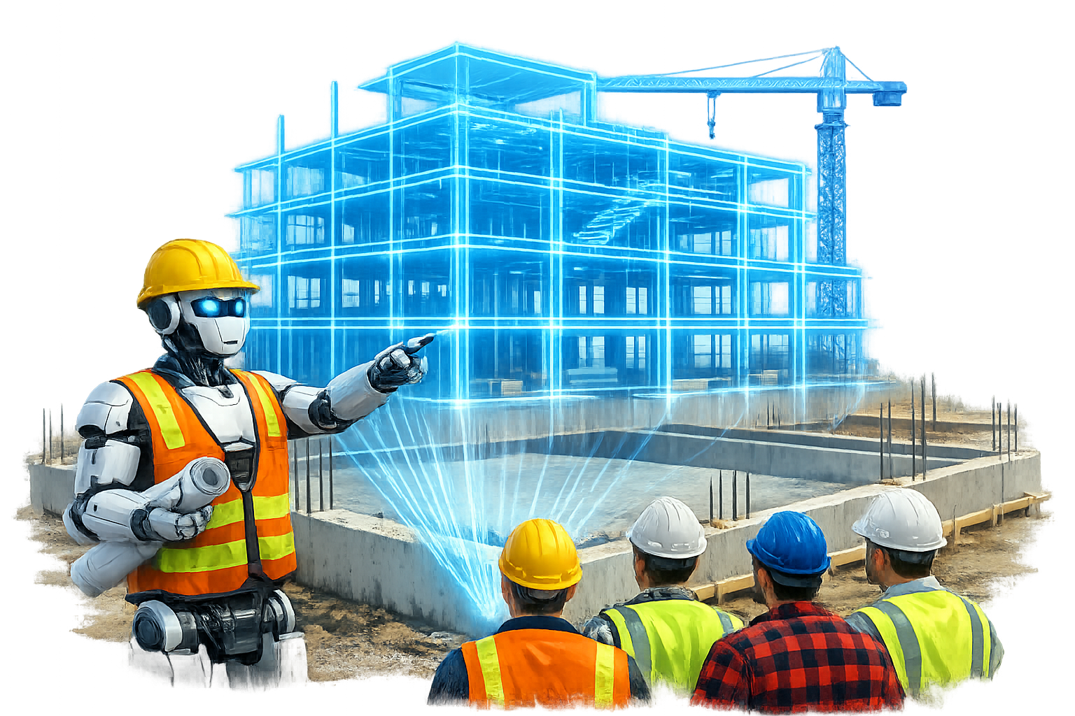 A robot foreman in a hard hat and safety vest pointing at a holographic wireframe of a building under construction, briefing human crew members